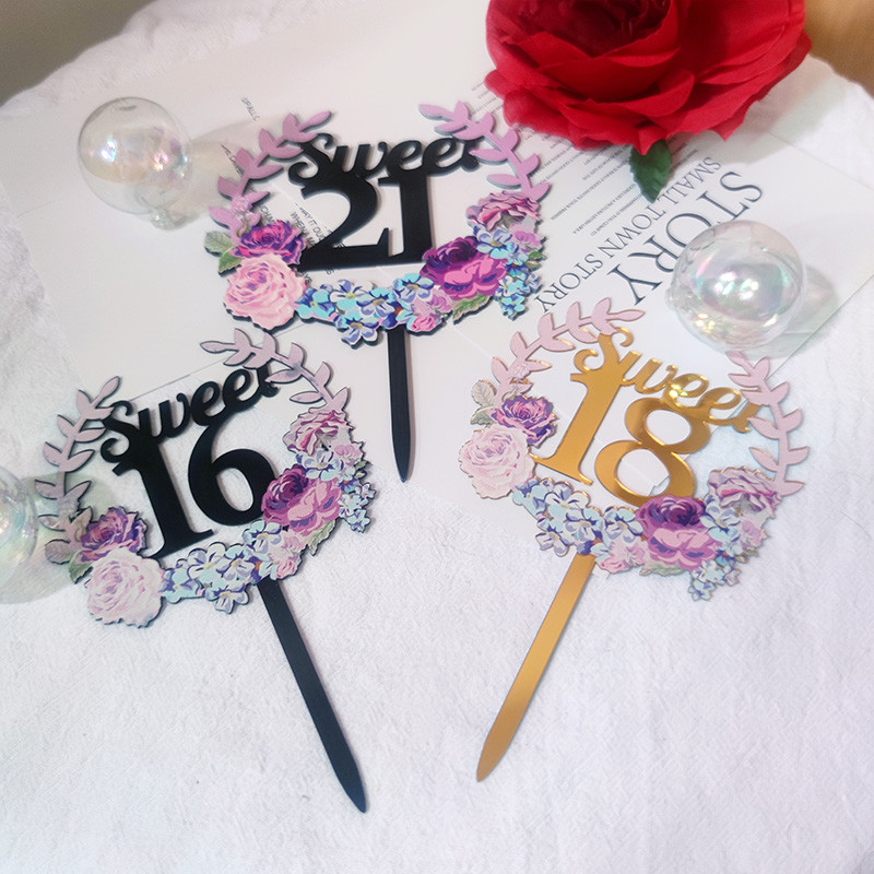 Cvjetovi Broj Akril Sretan rođendan nadjev za tortu Zlatni 16 18 21. rođendanski nadjev za tortu za djecu Ukrasi za rođendansku tortu
