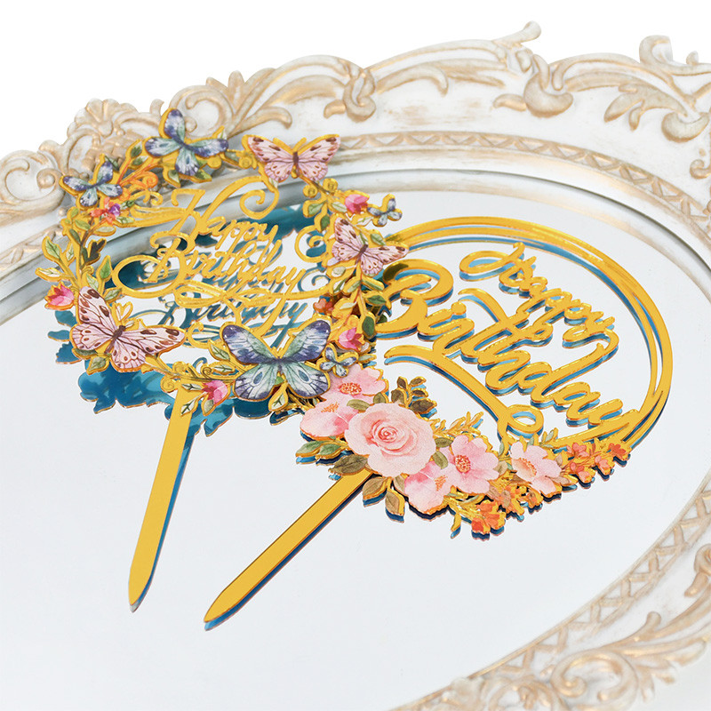 1/3Pcs Cvijeće Happy Birthday Cake Topper Zlatno akrilno zrcalo Dekoracija za tortu za rođendansku zabavu Dekoracije Baby Shower