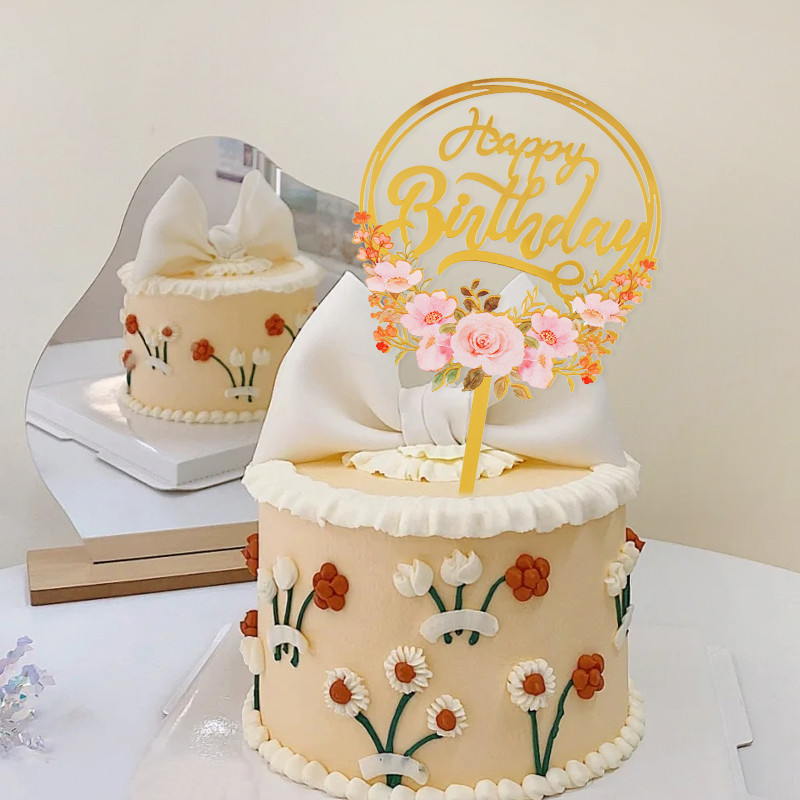 1/3Pcs Cvijeće Happy Birthday Cake Topper Zlatno akrilno zrcalo Dekoracija za tortu za rođendansku zabavu Dekoracije Baby Shower