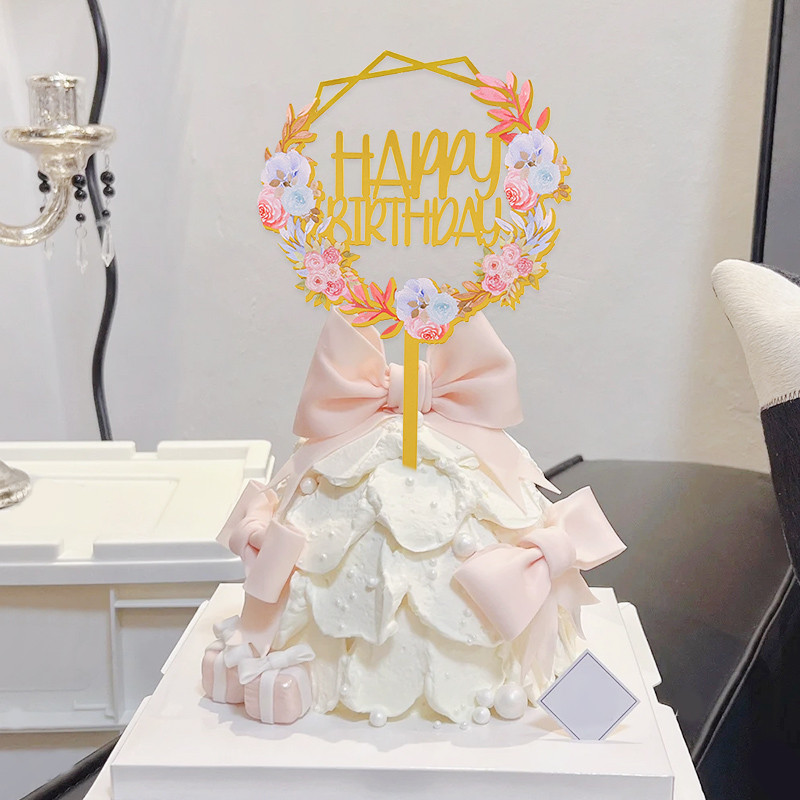 1/3Pcs Cvijeće Happy Birthday Cake Topper Zlatno akrilno zrcalo Dekoracija za tortu za rođendansku zabavu Dekoracije Baby Shower