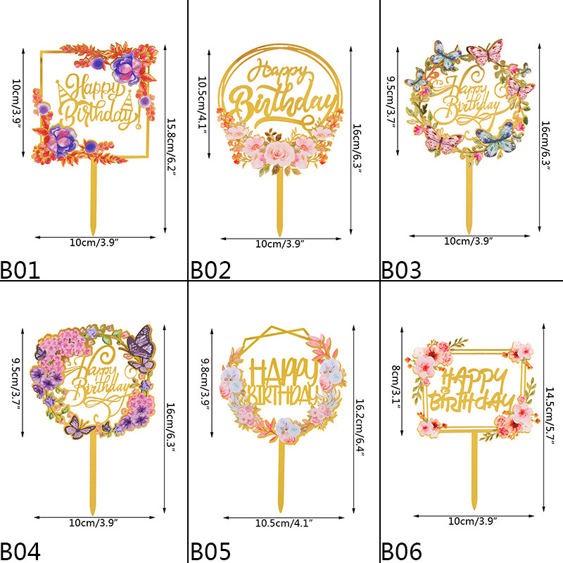 1/3Pcs Cvijeće Happy Birthday Cake Topper Zlatno akrilno zrcalo Dekoracija za tortu za rođendansku zabavu Dekoracije Baby Shower