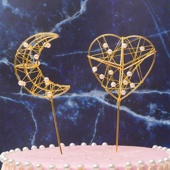 1PC златен акрилен топер за торта за рожден ден Златна имитация на перлени звезди Moon Cake Toppers за бебешки рожден ден Декорация на кексчета