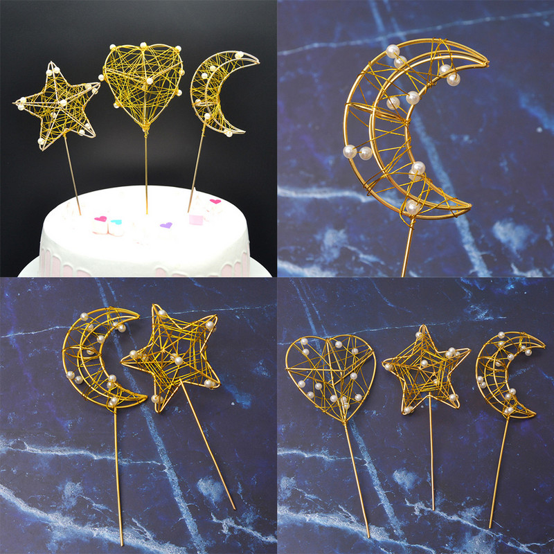 1 db arany akril születésnapi tortafeltét arany gyöngyutánzat csillagok Hold tortafeltét baba születésnapi party cupcake dekorációhoz