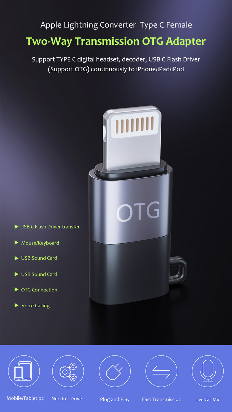 OTG adapteris USB-C Female į Lightning Male, C tipo skaitmeninių ausinių DAC keitiklis, skirtas iPhone 13 12 11 Pro Max iPad USB diskui