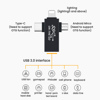 3в1 OTG адаптер 10Gbps конвертор Micro USB/тип C/8-пинов мъжки към USB 3.0 женски OTG адаптер за iPhone 13 12 Max iPad U диск