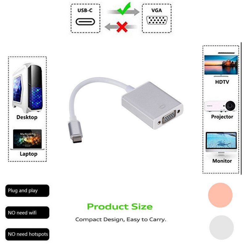 Grwibeou USB 3.1 į VGA adapteris Type C į moteriškas VGA adapterio laidas, skirtas naujam Macbook Surface Pro Hot Sales USB C Į VGA keitikliui