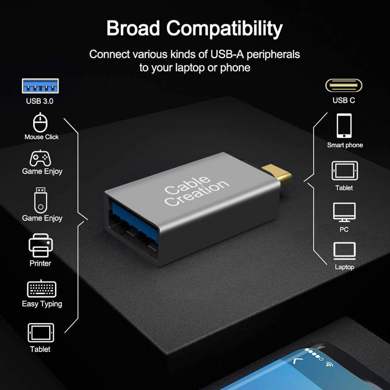 C tipo USB adapteris Mažas mini juodas USB C kištukas su USB 3.0 A moteriška OTG funkcija, suderinama su MacBook / Pro ChromeBook Pixel