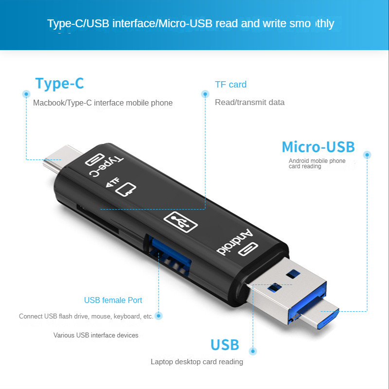 5 u 1 višenamjenski USB 2.0 tip C/Usb /Micro Usb/Tf/SD čitač memorijskih kartica OTG adapter za čitač kartica Dodaci za mobilne telefone