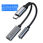 2 u 1 60 W PD kabel za brzo punjenje i tip C do 3,5 mm adapter za slušalice USB C Aux audio podatkovni kabel