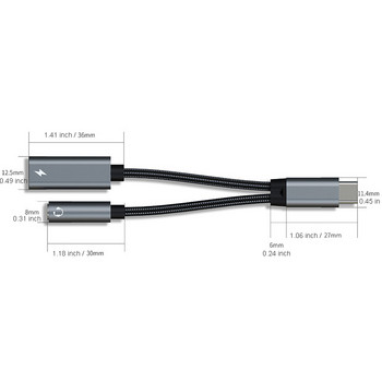 2 в 1 60 W PD кабел за бързо зареждане и адаптер тип C до 3,5 мм жак за слушалки USB C Aux аудио кабел за данни