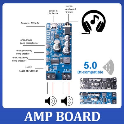 2X5W Bluetooth 5.0 galios stiprintuvas D klasės garso HiFi stereofoninis belaidis muzikos grotuvas Mini USB garso plokštės programa Skaitmeninė AMP plokštė