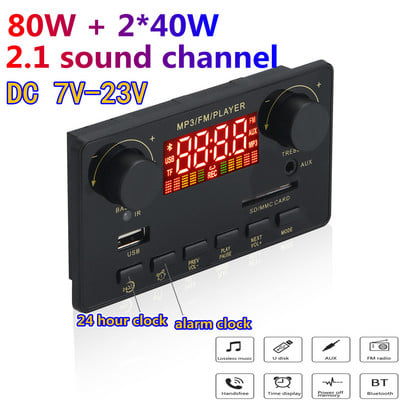 2*40W Amplifier Bluetooth 80W Bass MP3 Player WAV Decoder Board 12V Car FM Radio Module Support Alarm Clock TF USB AUX Record
