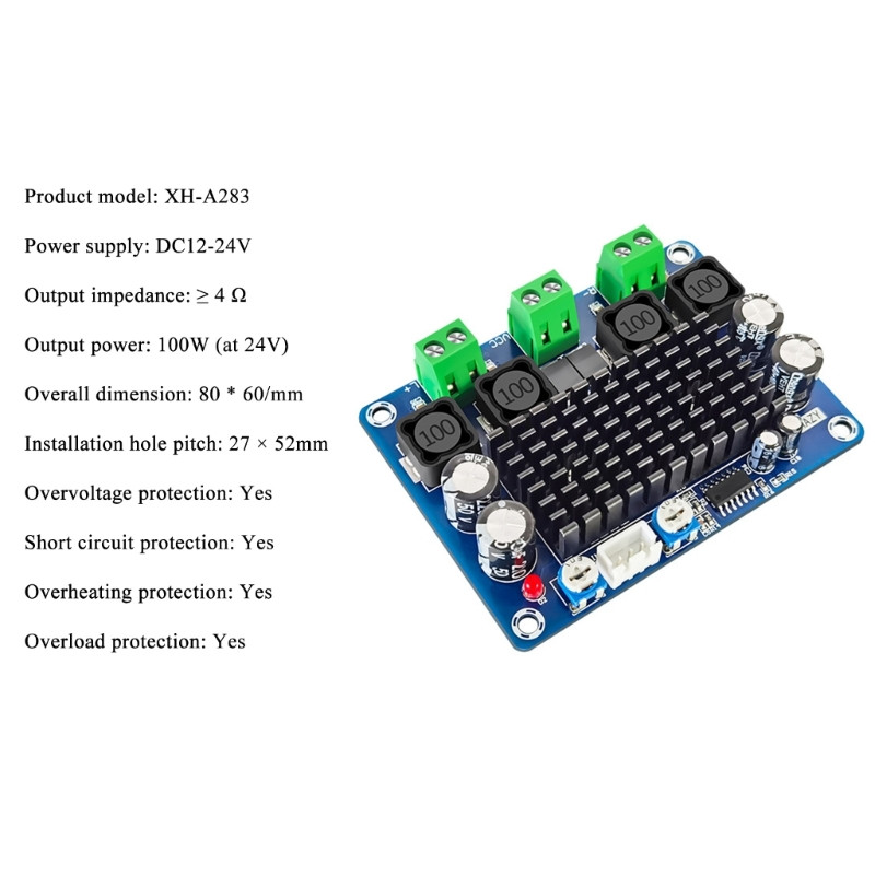 XH-A283/XH-A282 2-kanaliline digitaalne stereo võimsusvõimendi heliplaat Suure võimsusega digitaalne võimsusvõimendi plaat 100WX2/50Wx2