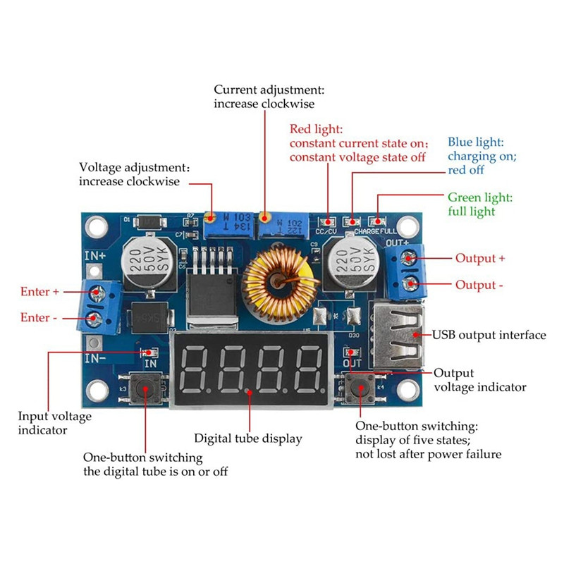5A állandó feszültségű áramú DC-DC Buck tápmodul feszültségáram-kijelzővel, állítható teljesítményszabályozó kártyával