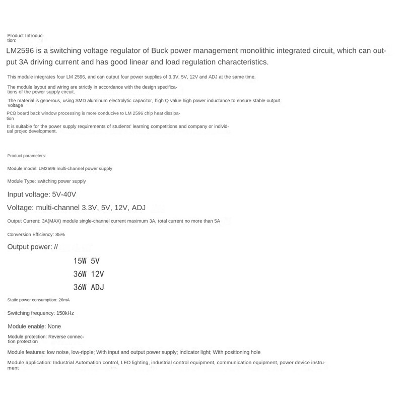 LM2596 Preklopno napajanje 3,3 V/5 V/12 V/ADJ Modul izlaznog napajanja podesivog napona