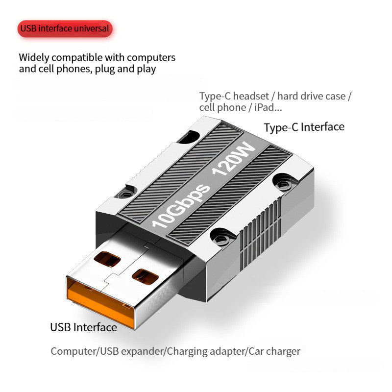 C típusú adapter Cink ötvözet tok, mecha stílusú USB C 3.1 aljzat USB A dugós konverter Type-C OTG telefon PC adapter 120 W töltés