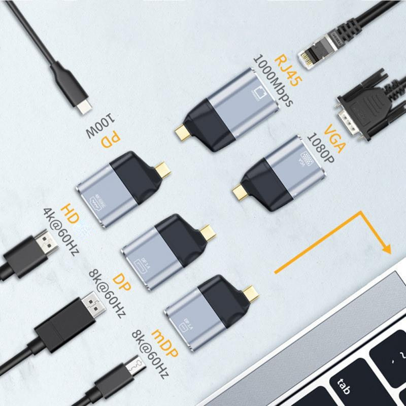 USB C pretvarači Thunderbolt 3 Type-C u DP/Mini DP/HDMI-kompatibilan/VGA/RJ45 muško-ženski adapter s PD punjenjem za Macbook PC