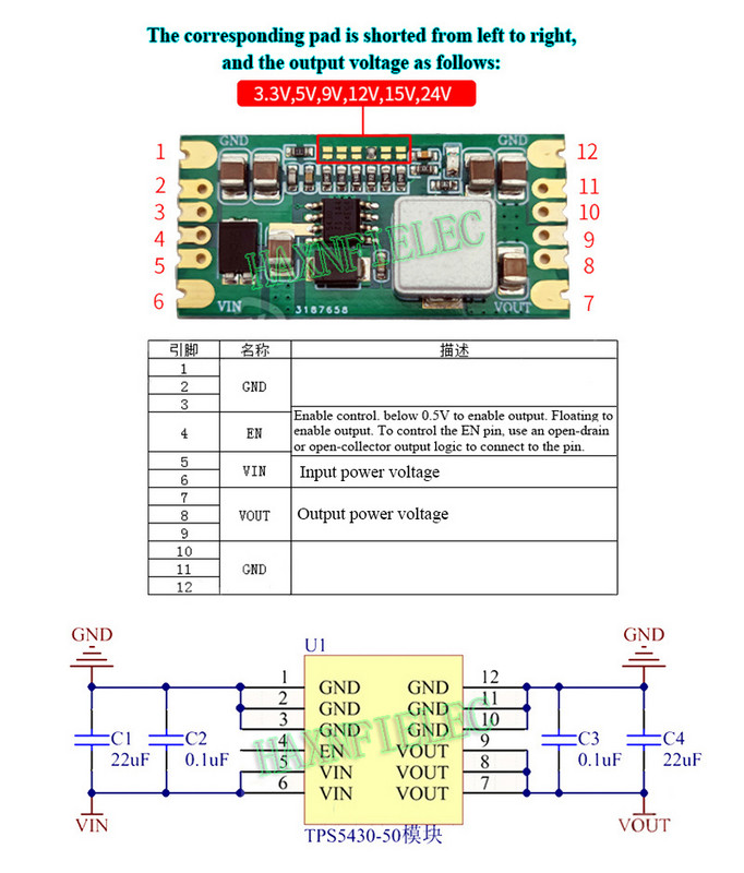 TPS5430 TPS5450 3A 5A Modul de alimentare cu comutare descendente DC-DC Buck Ondulări reduse 3,3V 5V 9V 12V 15V 24V Ieșire de tensiune