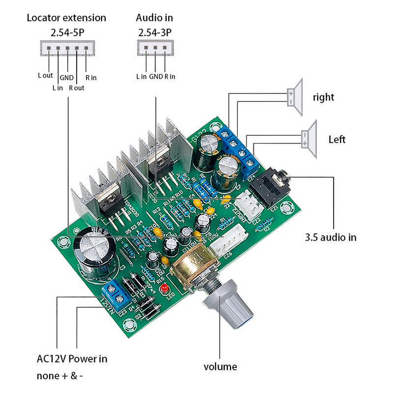 TDA2030 galios stiprintuvo plokštė 2.0 dviejų kanalų vieno maitinimo AC ir DC 12V gryno galinio garso galios stiprintuvo plokštė