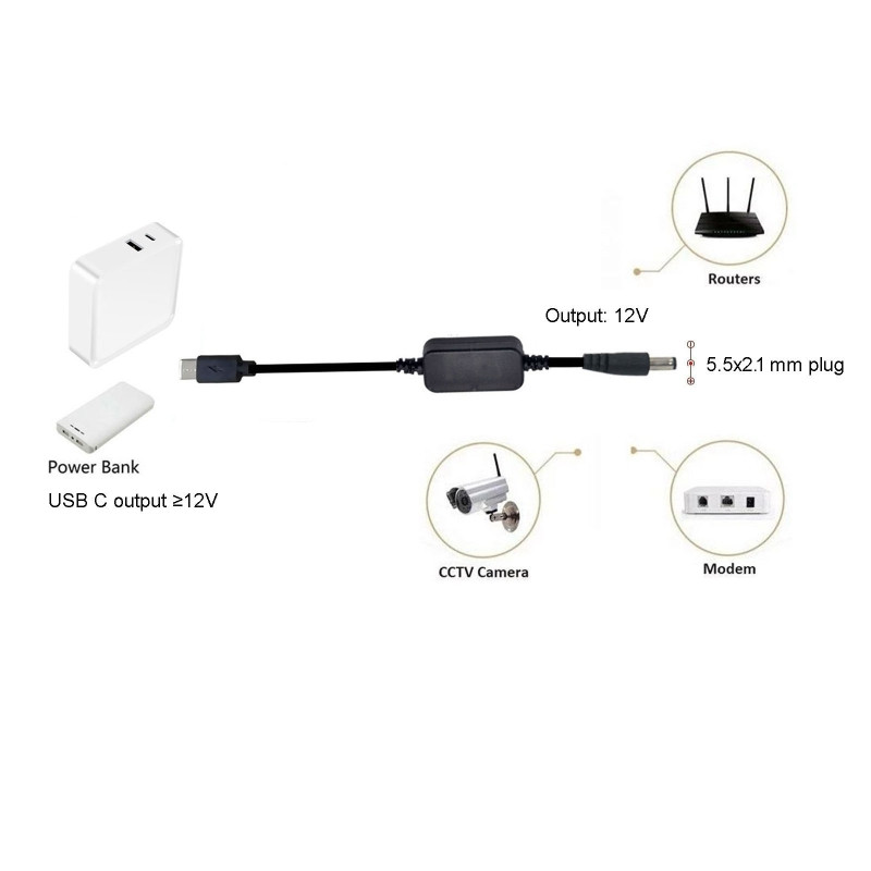 36 W USB C tipo C PD iki 12 V 2,5 / 3,5 / 4,0 / 5,5 mm konverterio adapterio kabelio laidas, skirtas Wi-Fi maršrutizatoriui nešiojamam kompiuteriui LED šviesos CCTV kamera