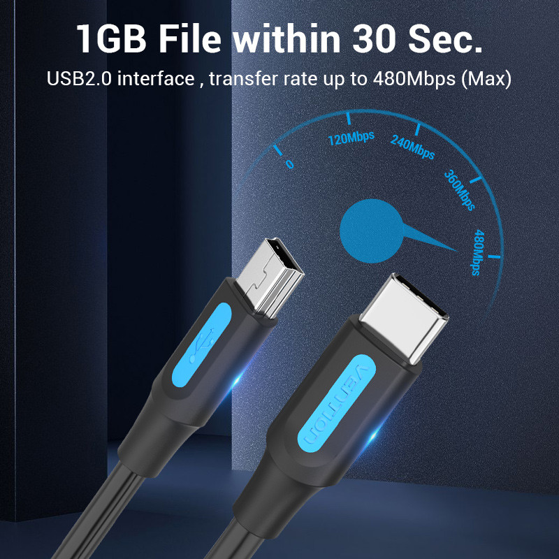 Vention USB C į Mini USB laido C tipo adapteris, skirtas skaitmeninei kamerai MacBook proMP3 grotuvas HDD Type-C į Mini USB kabelis