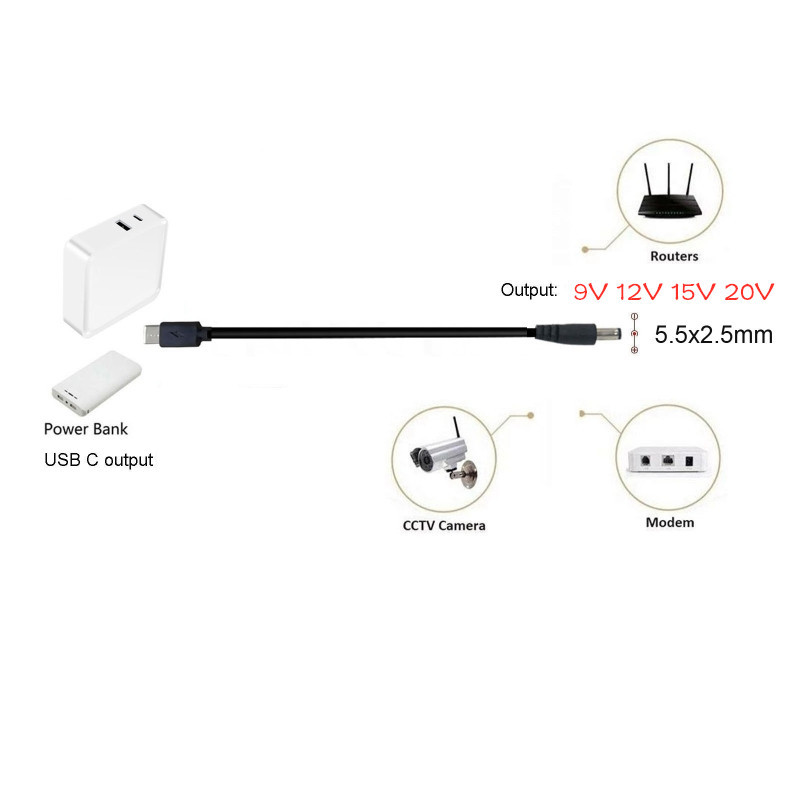 USB C Tip C PD na 9V 12V 15V 20V 5.5x2.5mm Kabel za napajanje za bežični usmjerivač Laptop LED traka Zvučnik CCTV kamera