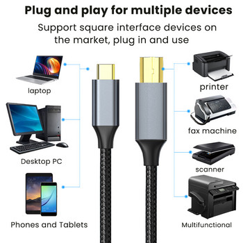 USB C към USB B 2.0 кабел за принтер, плетен кабел за скенер за принтер за Canon Epson, HP Samsung, кабел за принтер, скенер, USB кабел за принтер