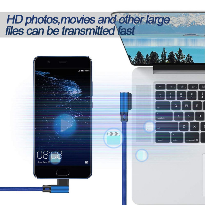 Dvostruko koljeno 90 stupnjeva Reverzibilni najlonski pleteni kabel za punjenje Brzi kabel za sinkronizaciju podataka Punjač za iphone Micro USB Type-C