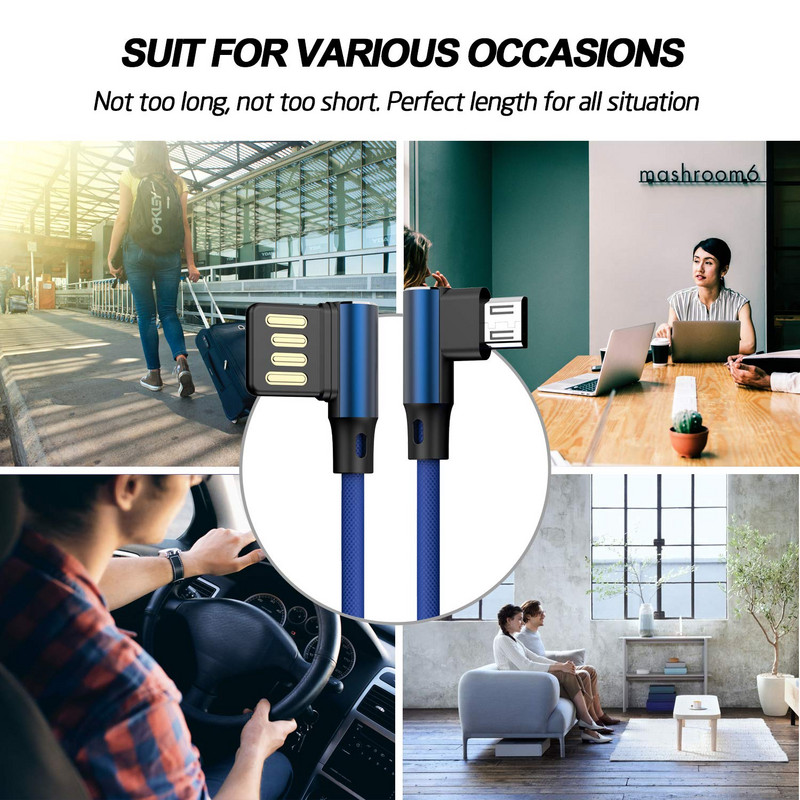 Dvostruko koljeno 90 stupnjeva Reverzibilni najlonski pleteni kabel za punjenje Brzi kabel za sinkronizaciju podataka Punjač za iphone Micro USB Type-C