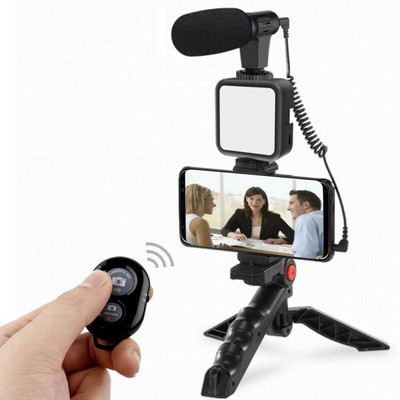 KIT01 Смартфон Vlog LED Video Light Комплект със стойка за статив Микрофон Студена обувка Скоба за телефон Държач за телефон Дистанционно за снимане