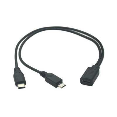 USB 3.1 Type-C 1–2 Type-C Female & Micro USB 5P & Type-B Printer Female Iki 2 Kilimėlių Y skirstytuvo įkrovimo prailginimo kabelis 30cm