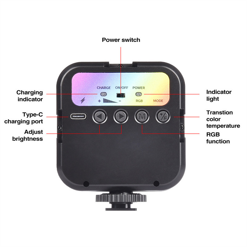 RGB výplňové svetlo, plnofarebné LED video svetlo, 2500K-9000K, 800LUX, magnetické mini RGB svetlo, rozširujúce 3 studené pätice, 2000mAh port typu C