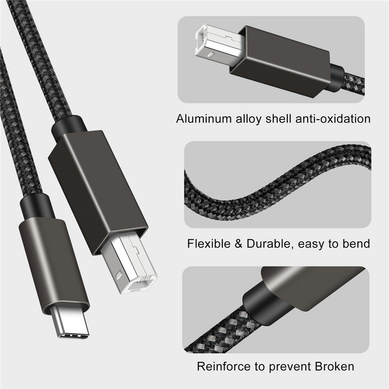 USB C – USB B 2.0 nyomtatókábel fonott nyomtató-szkenner kábel MacBook Pro Air Epson HP Canon Brother Samsung nyomtatószkennerhez