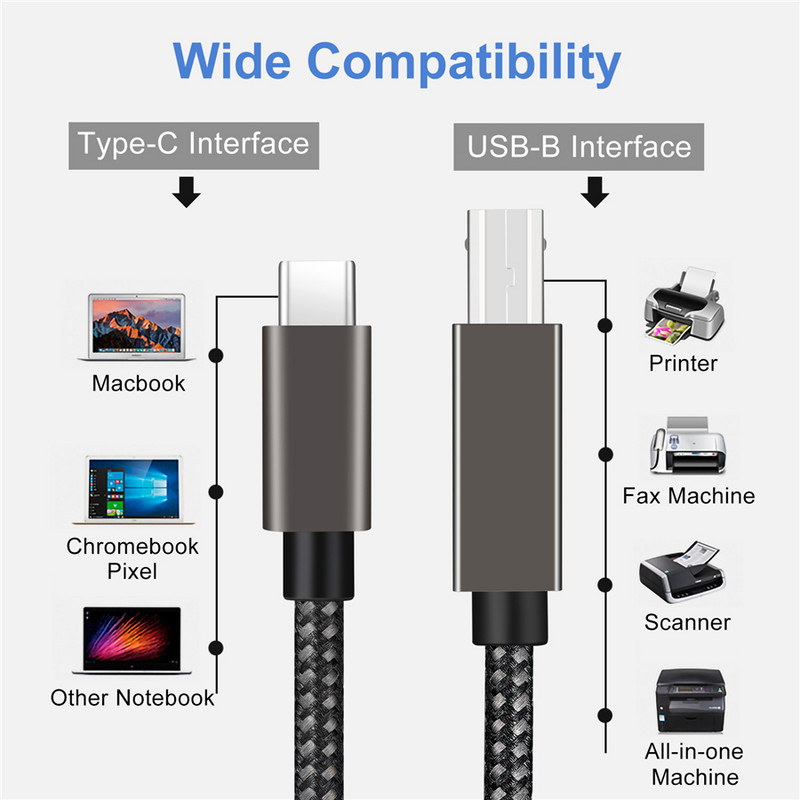 USB C – USB B 2.0 nyomtatókábel fonott nyomtató-szkenner kábel MacBook Pro Air Epson HP Canon Brother Samsung nyomtatószkennerhez