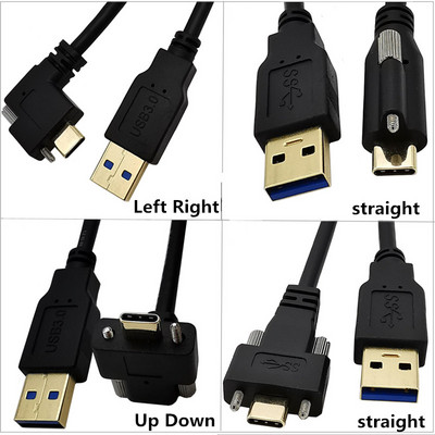 Paauksuotas 90° kampu pasuktas USB 3.1 Type-C dvigubas sraigtinis fiksavimas prie standartinio USB3.0 duomenų kabelio 90 laipsnių kamerai 0,3 m 1 m 2 m