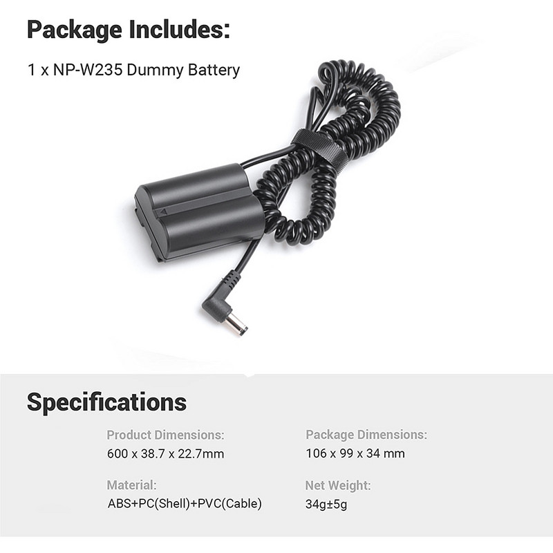NP-W235 Dummy Battery Pack Coupler Punjač s DC muškim priključkom Kabel za napajanje za FUJIFILM X-T4 XT4 GFX100S GFX 50S II fotoaparat