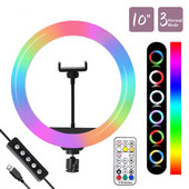 10 colių žiedinė lempa RGB spalvinga 26 cm LED žiedinė lemputė su telefono laikikliu ir nuotolinio valdymo pulteliu, skirta trumpam vaizdo įrašui tiesiogiai YouTube Tiktok