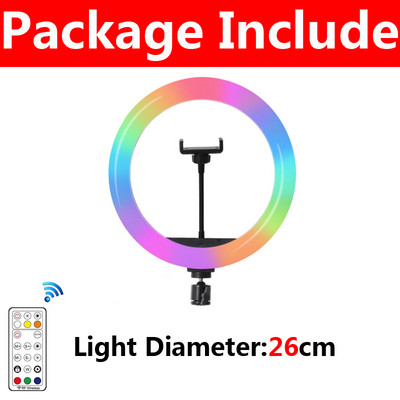 10 colių žiedinė lempa RGB spalvinga 26 cm LED žiedinė lemputė su telefono laikikliu ir nuotolinio valdymo pulteliu, skirta trumpam vaizdo įrašui tiesiogiai YouTube Tiktok