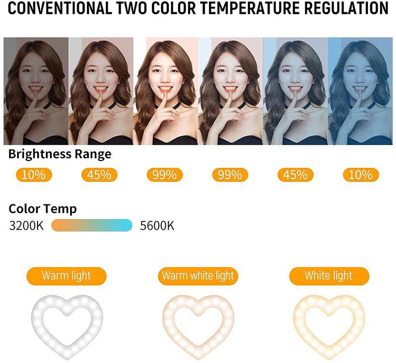 CAMOLO Fill Light Držač za kopču Selfie LED prstenasto svjetlo Selfie Ringlight Svjetlo za fotografiju s prigušivanjem USB telefon Fotografija u obliku srca