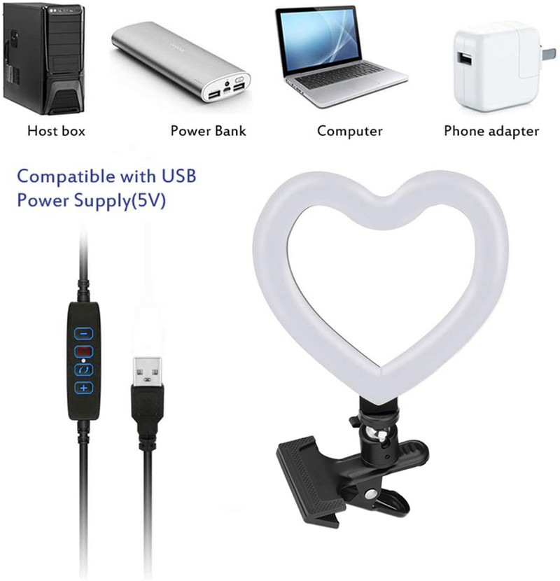 CAMOLO Fill Light Držač za kopču Selfie LED prstenasto svjetlo Selfie Ringlight Svjetlo za fotografiju s prigušivanjem USB telefon Fotografija u obliku srca