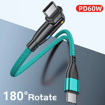 180 Pagrieziet USB C uz C tipa kabeli PD100W 60 W ātrās uzlādes vads priekš Xiaomi POCO Oneplus Huawei mobilā mobilā tālruņa MacBook Wire