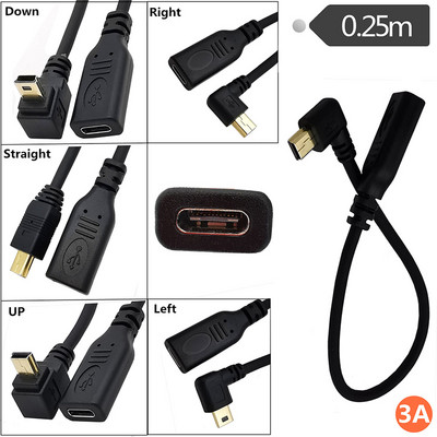 Pozlaćeni 3A USB-C Tip C na Mini USB 5PIN Ravno GORE Dolje Lijevo Desno 90 stupnjeva ženski na muški kabel 0,25 m