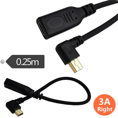 Pozlaćeni 3A USB-C Tip C na Mini USB 5PIN Ravno GORE Dolje Lijevo Desno 90 stupnjeva ženski na muški kabel 0,25 m