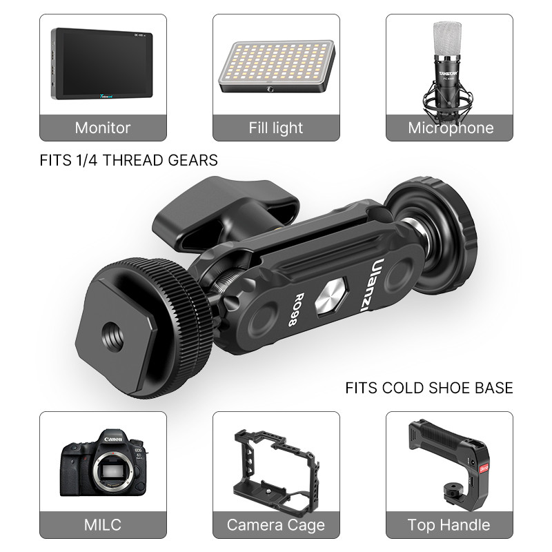 Ulanzi R098 360° dvostruke kuglaste glave s hladnim držačem za DSLR fotoaparat s 1/4" vijkom za monitor, video svjetlo, nosač za mikrofon