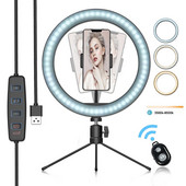 LED gyűrűs fény szabályozható asztali kitöltő fény 3 módban, 10 fényerőszinttel mini állványos telefontartóval, távirányítóval