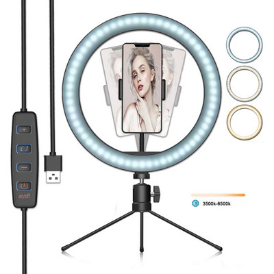 LED gyűrűs fény szabályozható asztali kitöltő fény 3 módban, 10 fényerőszinttel mini állványos telefontartóval, távirányítóval