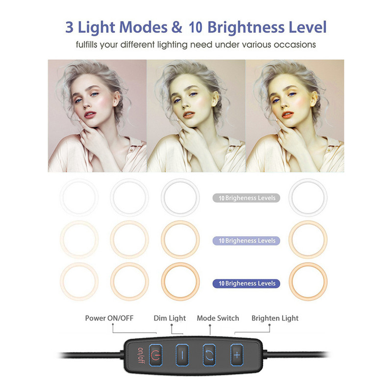 LED gyűrűs fény szabályozható asztali kitöltő fény 3 módban, 10 fényerőszinttel mini állványos telefontartóval, távirányítóval