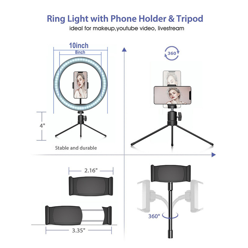 LED gyűrűs fény szabályozható asztali kitöltő fény 3 módban, 10 fényerőszinttel mini állványos telefontartóval, távirányítóval