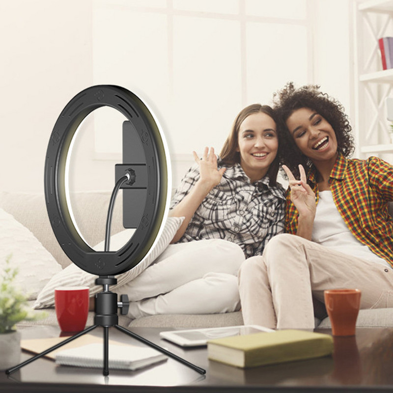 LED gyűrűs fény szabályozható asztali kitöltő fény 3 módban, 10 fényerőszinttel mini állványos telefontartóval, távirányítóval