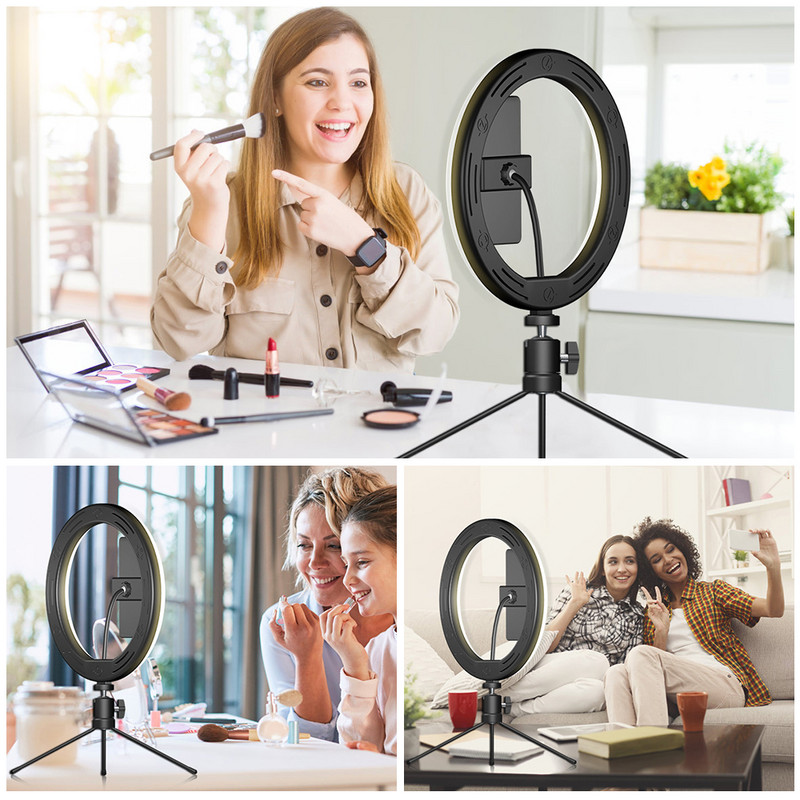 LED gyűrűs fény szabályozható asztali kitöltő fény 3 módban, 10 fényerőszinttel mini állványos telefontartóval, távirányítóval